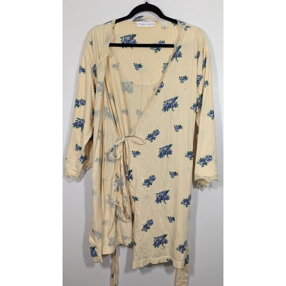 Victorias Secret Womens Robe Small Yellow Lace Trim Blue Floral Wrap Tie Belt - Picture 7 of 10